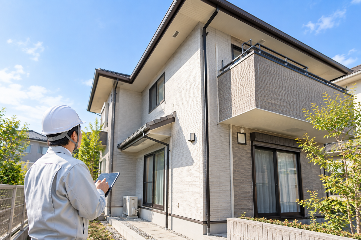 山形市で外壁塗装の付帯部や建物全体を確認しているイメージ